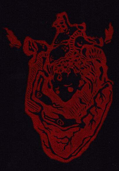 Linocut print, red ink on black paper | 2023