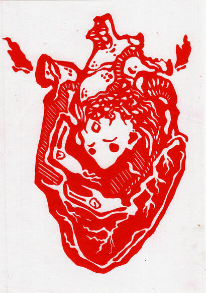 Linocut print, red ink on white printing paper | 2023