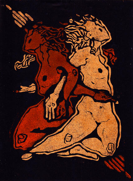 MISSED APPROACH | Jigsaw linocut print using red and gold ink on black paper | 2023